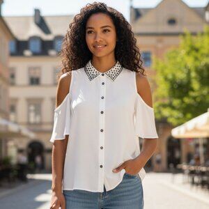 Bongo White Cold Shoulder Ladies Blouse Large, studded collar, button front